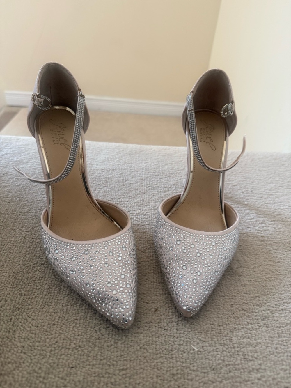 Crystal Embellished Pointed Toe Ankle Strap Heels in Silver
